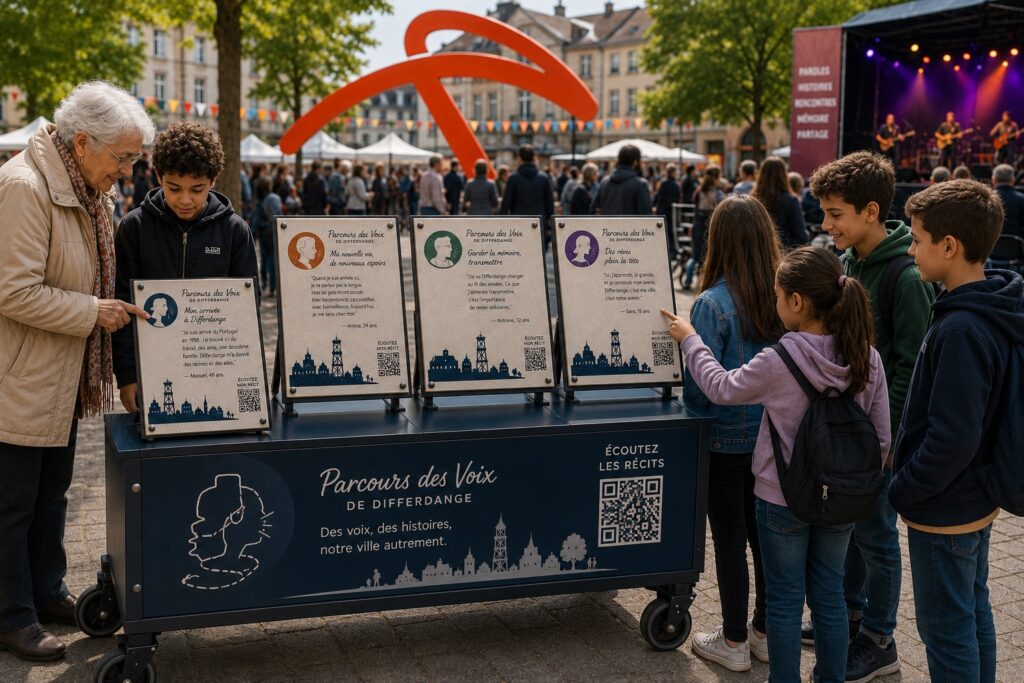 Des enfants et une femme âgée découvrent une installation mobile intitulée « Parcours des Voix de Differdange ». Quatre panneaux racontent les récits de Manuel, 46 ans (« Mon arrivée à Differdange ») ; Armina, 34 ans (« Ma nouvelle vie, de nouveaux espoirs ») ; Antoine, 72 ans (« Garder la mémoire, transmettre ») et Sora, 15 ans (« Des rêves plein la tête »). Au premier plan, on voit une silhouette de profil avec un casque audio, une ligne de ville stylisée, un QR code et le texte « Écoutez mes récits ». En arrière-plan, un public et une scène de concert arborant les mots « Paroles », « Histoires », « Rencontres », « Mémoire », « Partage ».