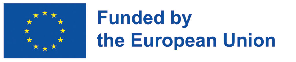 Drapeau de l'Union européenne (12 étoiles jaunes sur fond bleu) suivi du texte exact « Funded by the European Union ».
